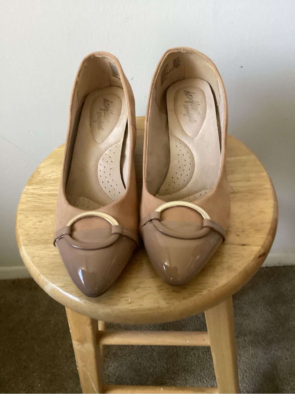 Dexflex comfort Taupe Pointed Toe wedge heel Pumps with Gold Ring Accent